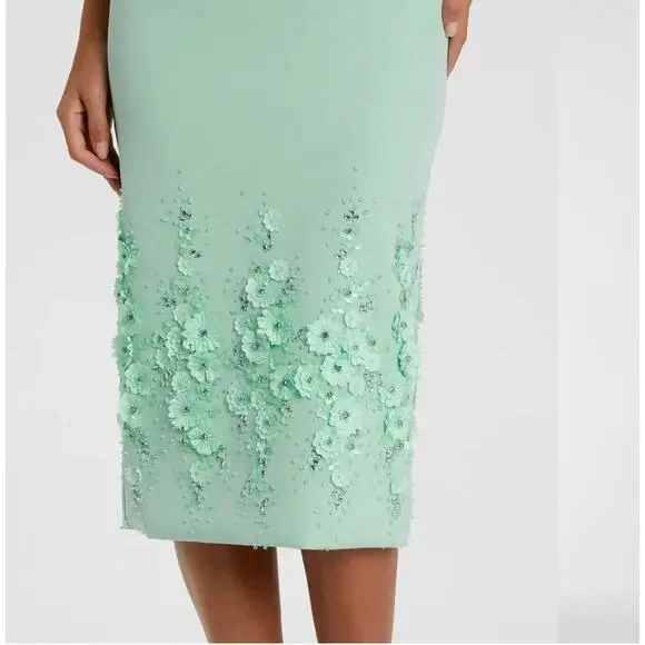 Mac Duggal 11853 Bateau Neck Green Sleeveless Midi Dress 3D Floral Appliques 14